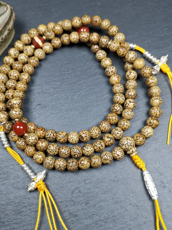 Gandhanra Old Tibetan Rosary, 7.5mm 108 Lotus Seed Mala Necklace, Antique Prayer Beads for Meditation,38cm Length