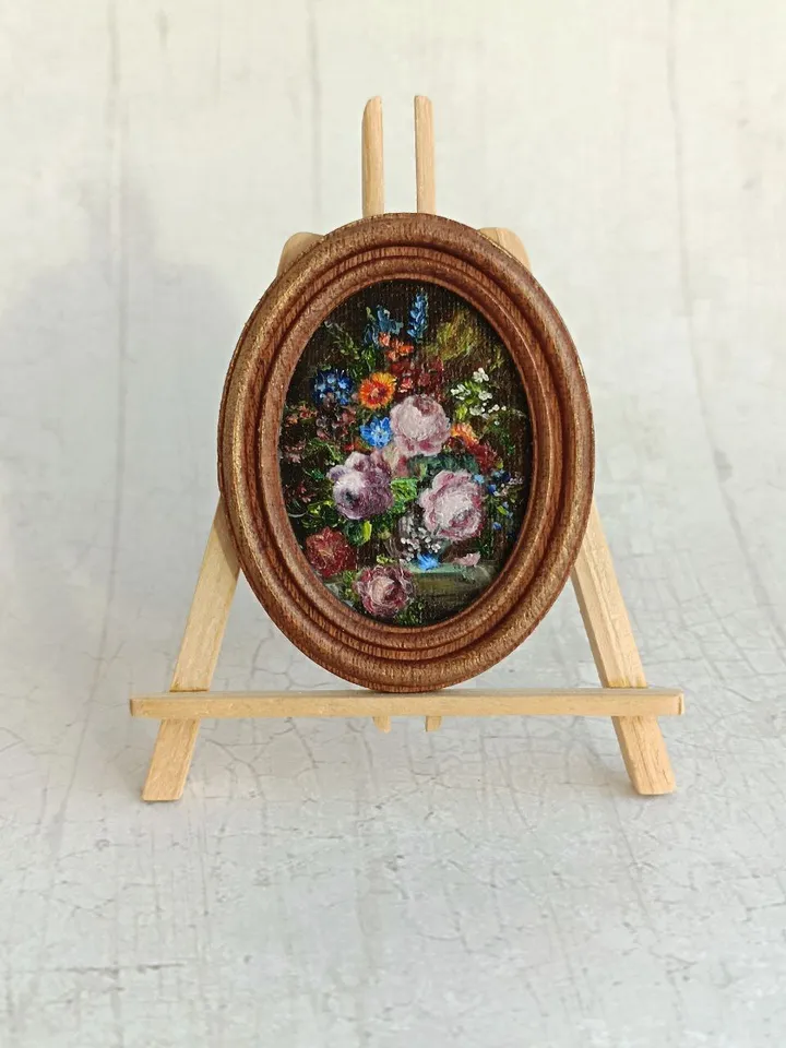 Miniature original oil painting with flowers in vintage style for dollhouses in 1/12, 1/6 scale
