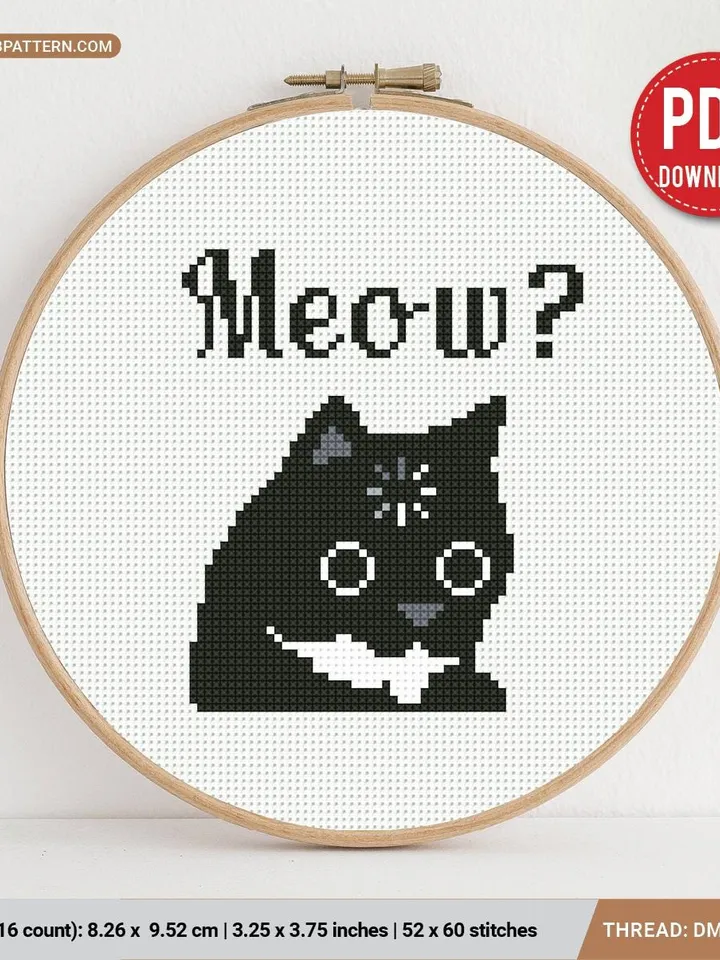 Cat Meow meme Cross stitch pattern, loading cat, kitty, animals, beginner counted, modern chart, gift DIY, embroidery, instant PDF, digital
