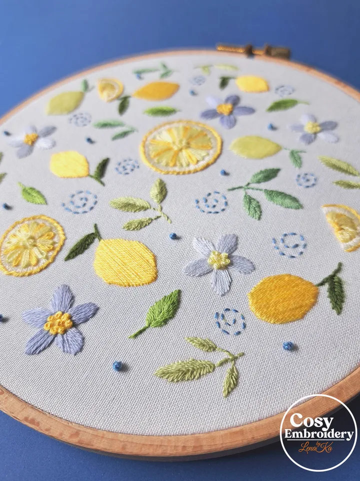 Floral Lemons Hand Embroidery Pattern Step-by-Step Tutorial for Beginners DIY Hoop Art Instant Download PDF Printable Pattern Unique Design