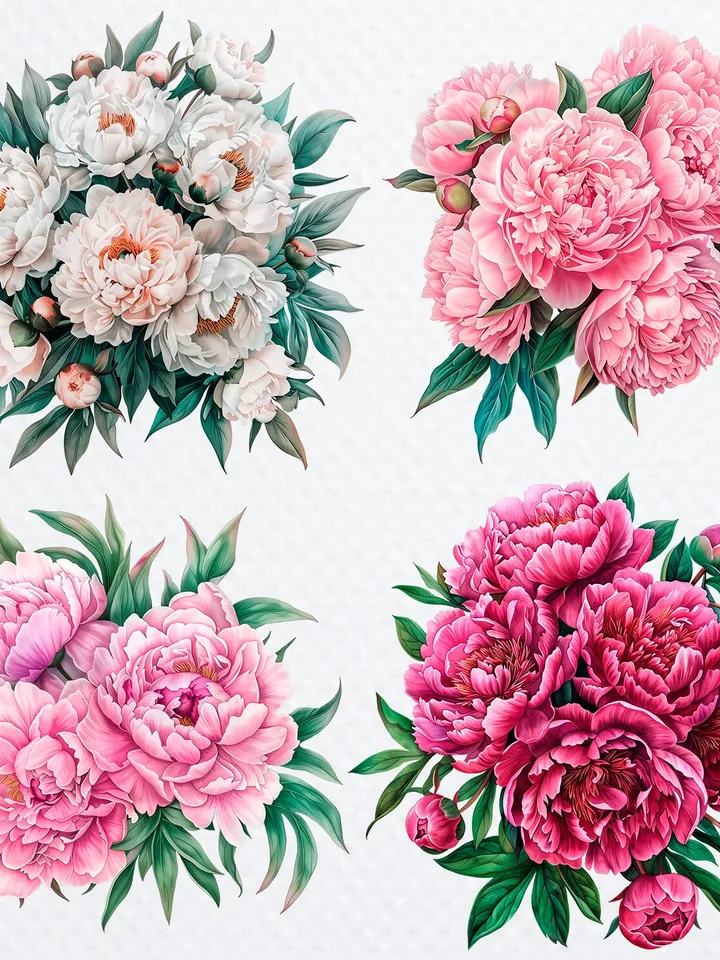 16 Peonies Bouquet PNG Clipart, Watercolor Peonies sublimation Print, Digital download, Peonies scrapbook images, Paper craft, junk journal