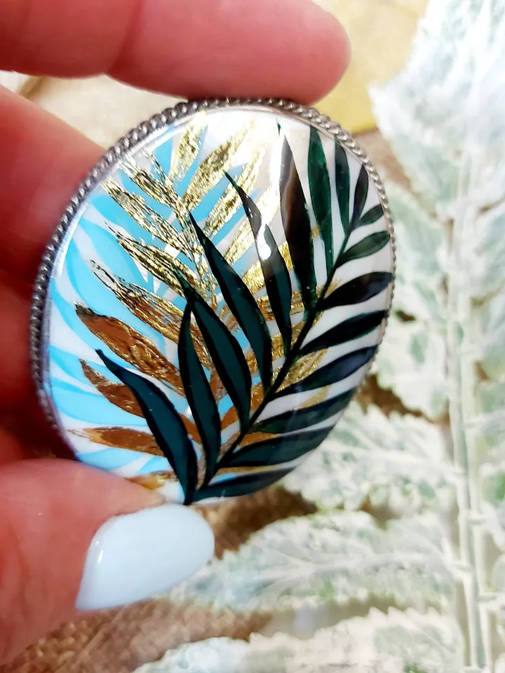 Brooches for women: Green leaves on pearl brooch for girl summer dress • trendy handmade jewelry • dainty painted pin with botanical design