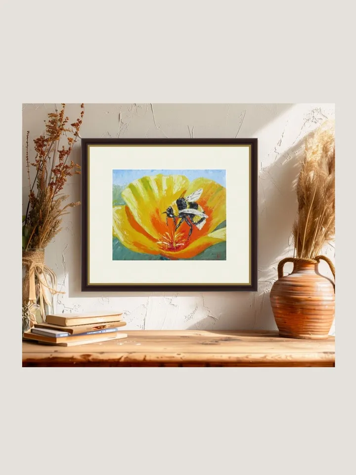 Original Oil Painting Yellow Flower with Bumblebee Palette Knife Art Hand-Painted Mini Artwork