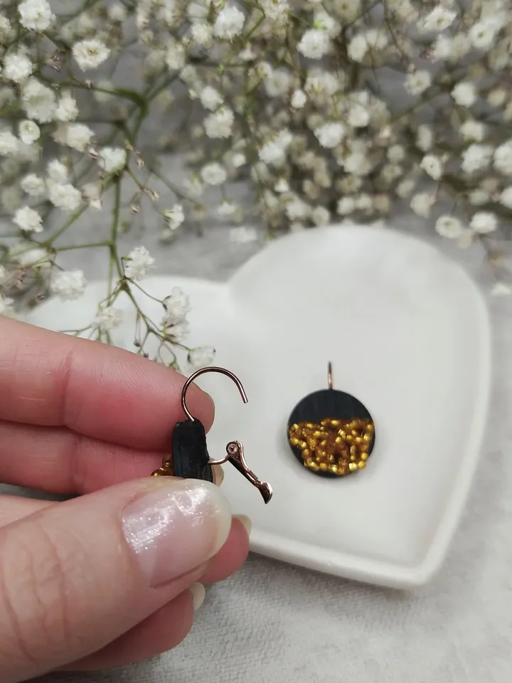 Gold black boho polymer clay and Beads handmade earrings, unique elegant earrings for Women, gift for Mom