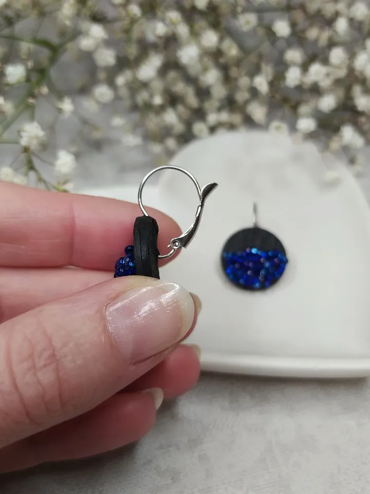 Blue black boho polymer clay and Beads handmade earrings, unique elegant earrings for Women, gift for Mom