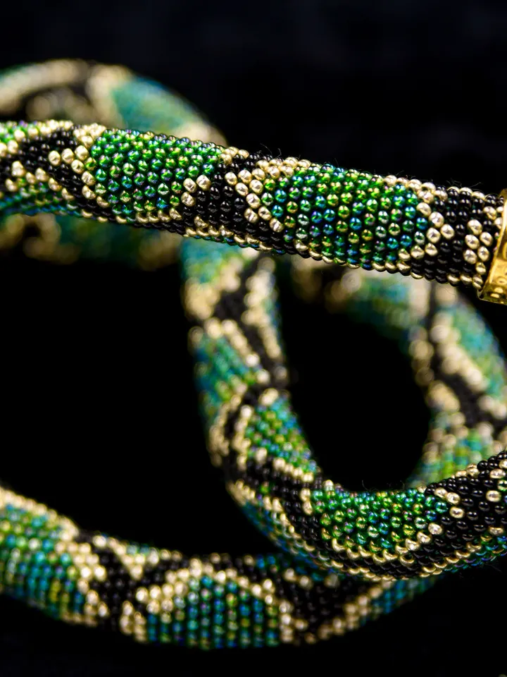 Green snake bead necklace, Extravagant necklace for woman, unusual witch handmade jewelry