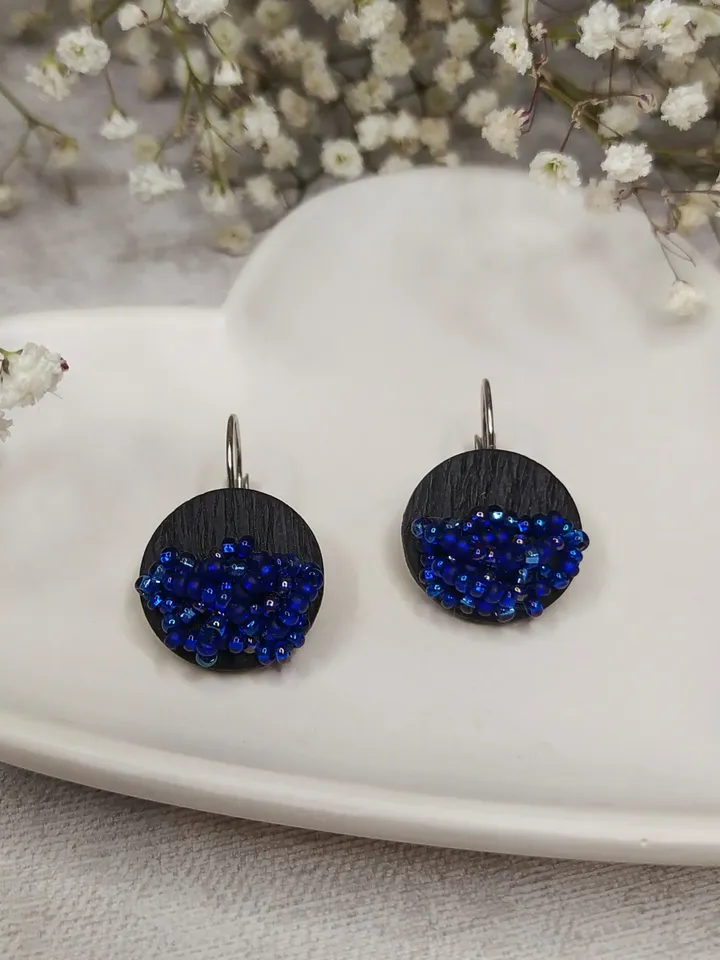 Blue black boho polymer clay and Beads handmade earrings, unique elegant earrings for Women, gift for Mom
