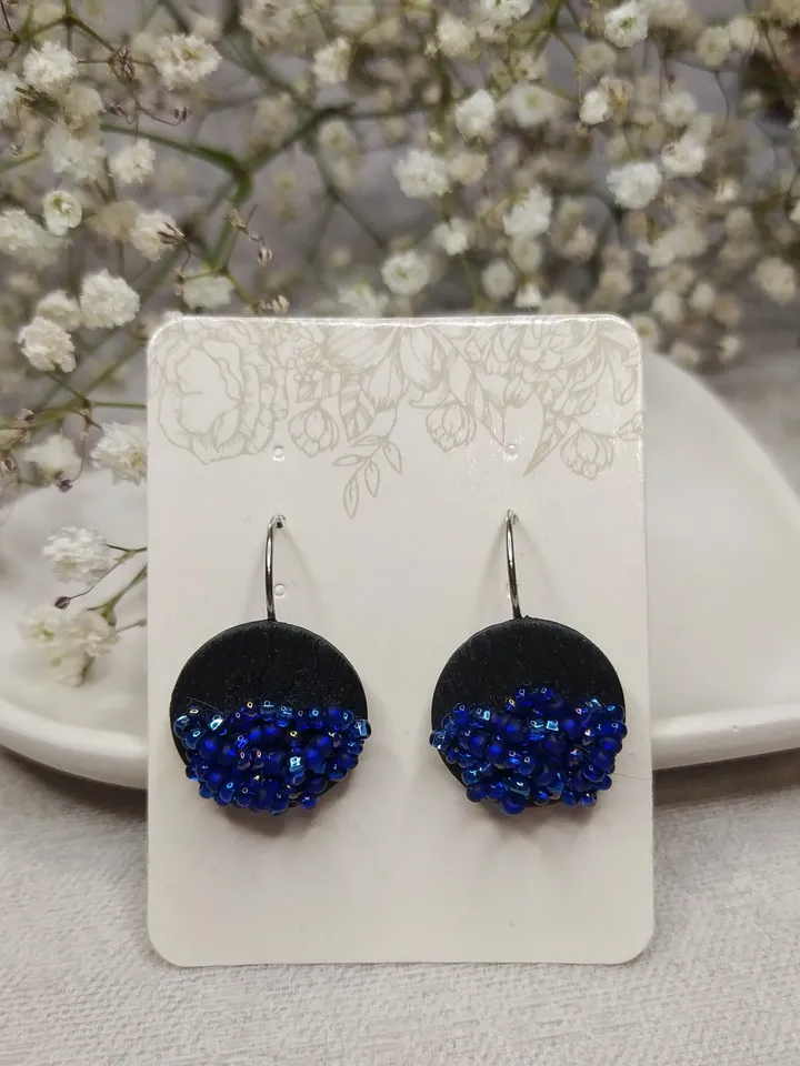 Blue black boho polymer clay and Beads handmade earrings, unique elegant earrings for Women, gift for Mom
