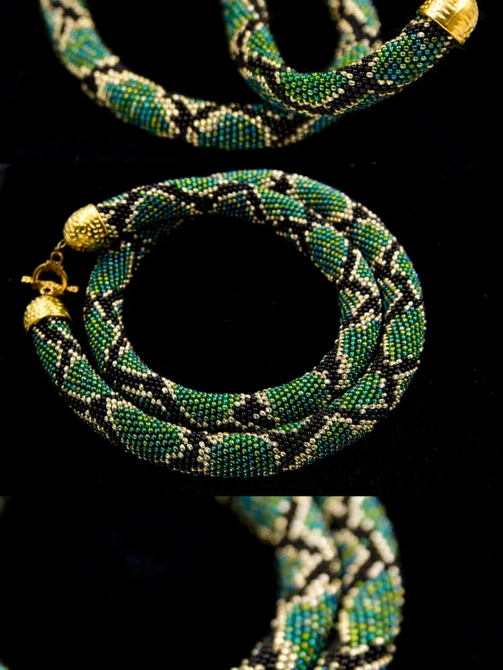 Green snake bead necklace, Extravagant necklace for woman, unusual witch handmade jewelry