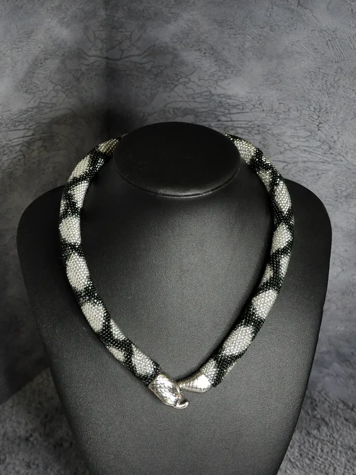 Silver snake bead necklace, ouroboros