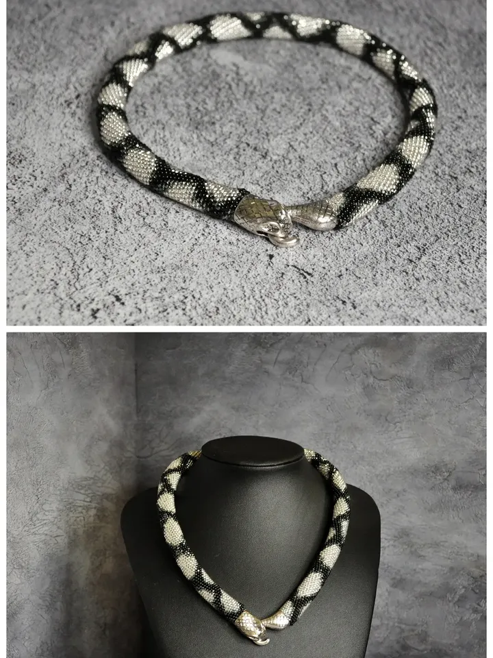 Silver snake bead necklace, ouroboros