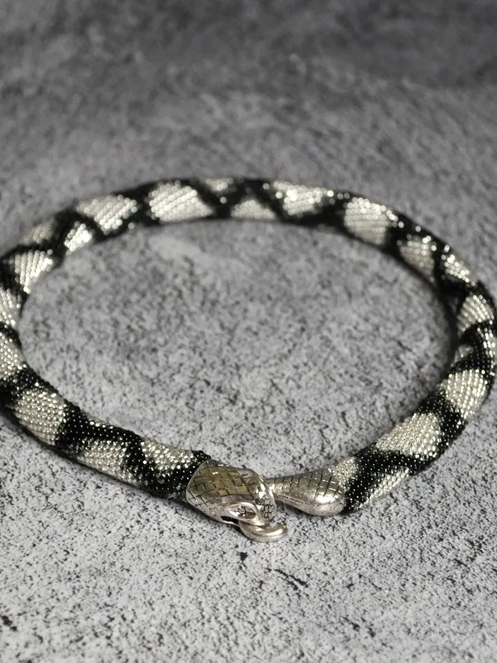Silver snake bead necklace, ouroboros