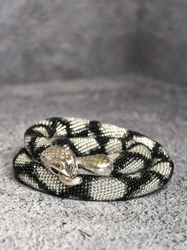 Silver snake bead necklace, ouroboros