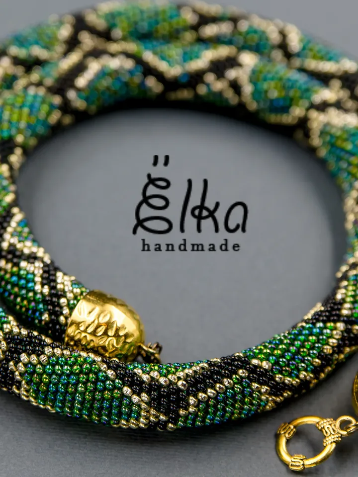 Green snake bead necklace, Extravagant necklace for woman, unusual witch handmade jewelry
