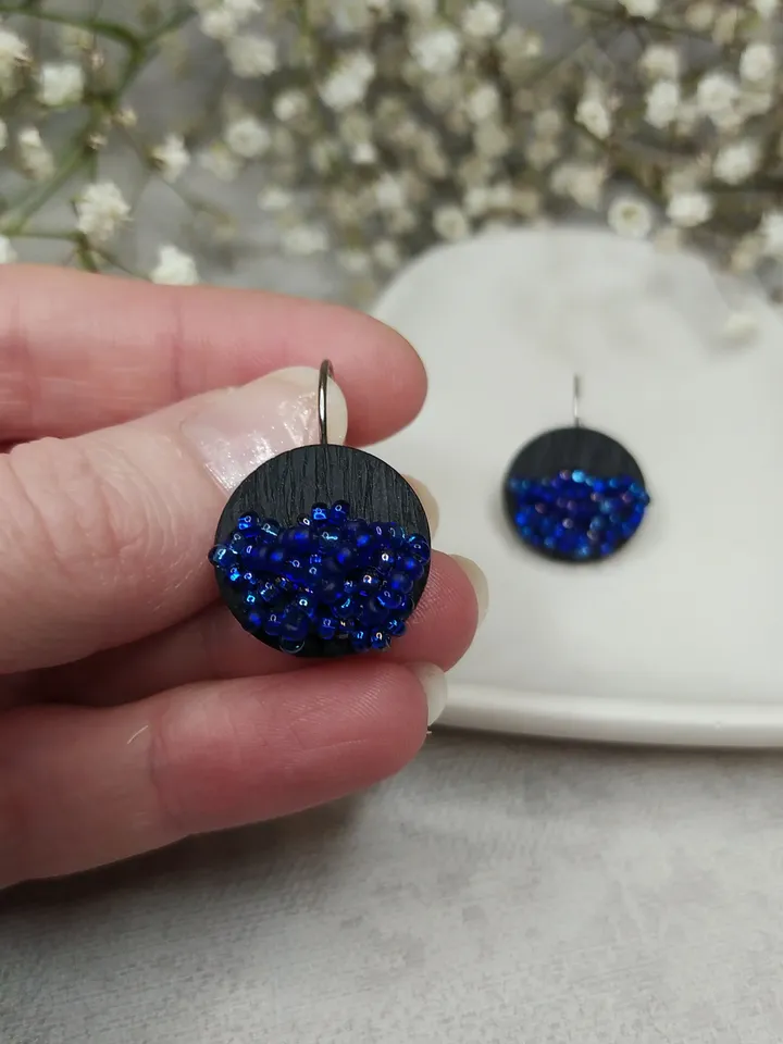 Blue black boho polymer clay and Beads handmade earrings, unique elegant earrings for Women, gift for Mom