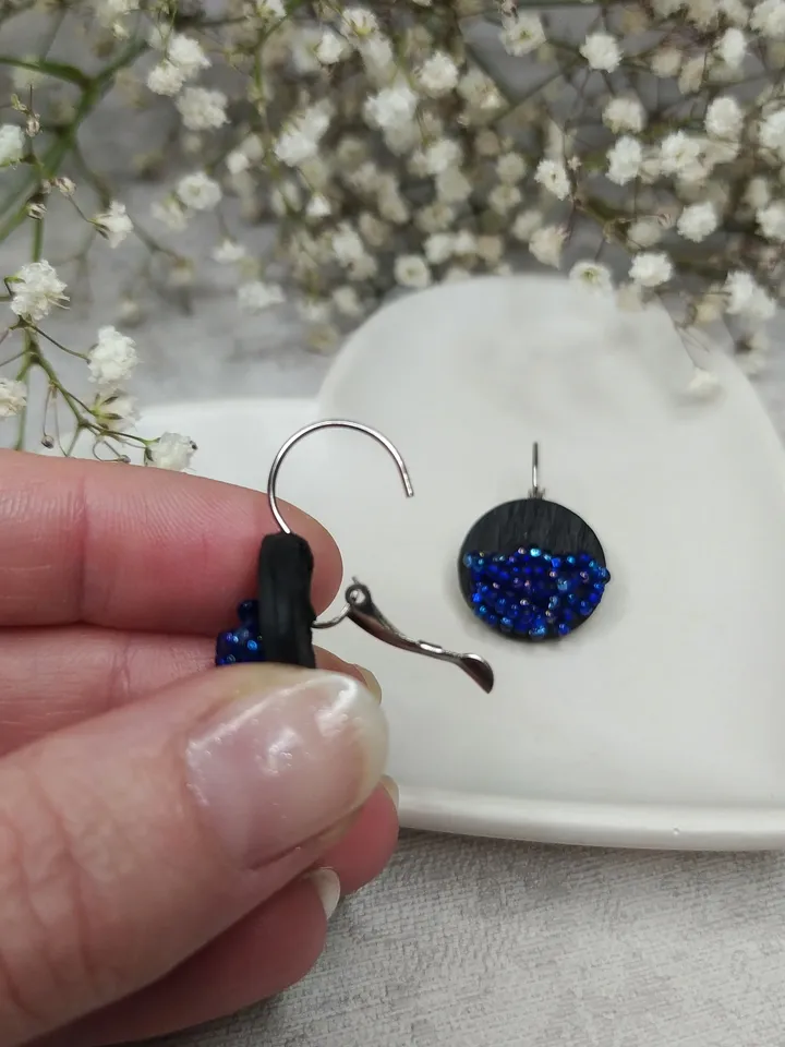 Blue black boho polymer clay and Beads handmade earrings, unique elegant earrings for Women, gift for Mom