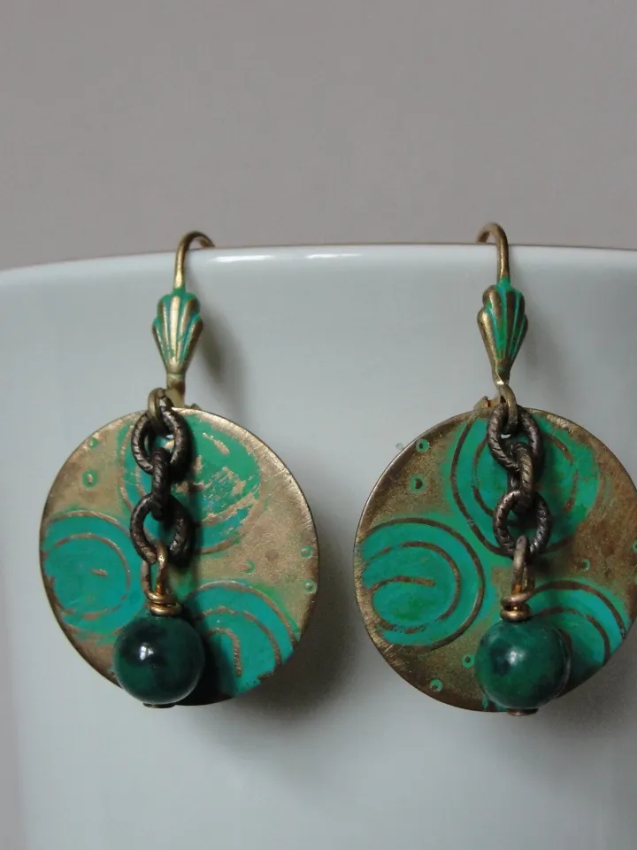 Boho Shabby chic Vintaj solid and natural brass Chrysocolla Textured patinated earrings with chain