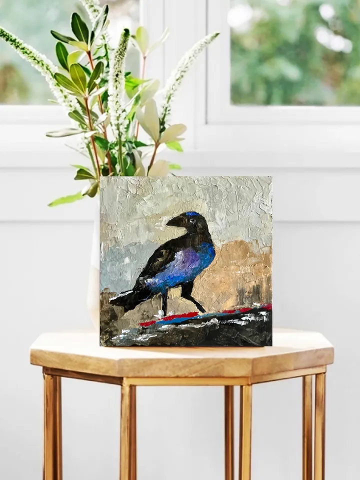 Crow painting, Original bird oil painting on canvas,  Raven wall art, Gothic home decor