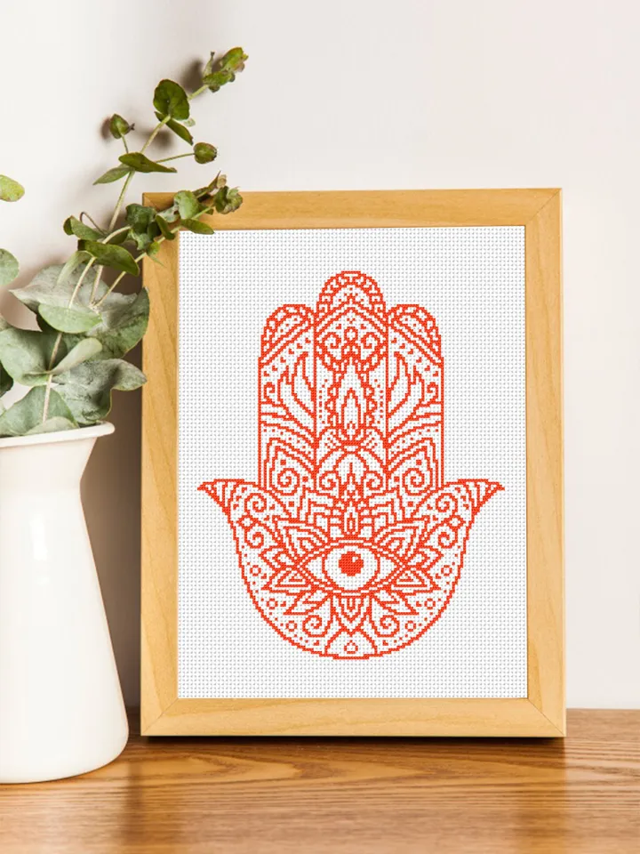 Hamsa hand cross stitch pattern download PDF, Monochrome mandala pattern, Hand of Fatima cross stitch, Evil eye hamsa beginner stitch #M83