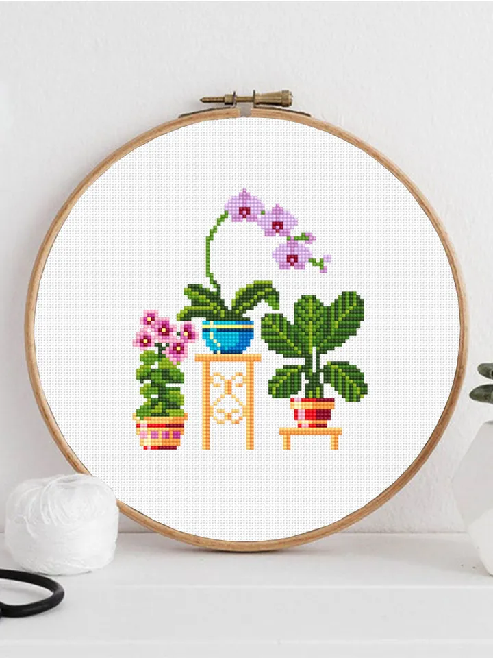 Potted house plants cross stitch pattern PDF download Floral cross stitch chart, Small cross stitch sampler, Orchid, Plant lover gift #P5