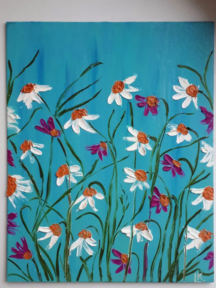 Daisy Painting Flowers Original Artwork, 3D Textured Daisies Palette Knife Oil Art
