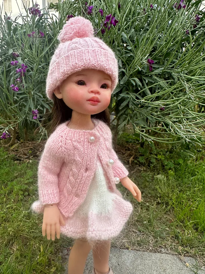 Paola Reina Doll 4 ITEMS Set: Exclusive Handmade Outfit - Dress, Cardigan, Pompon Hat, Leather Shoes
