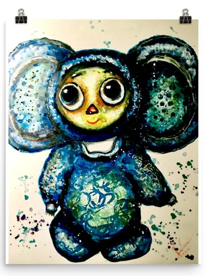 Cheburashka Photo paper poster made with my original mix media painting,kids room decoration,unique design wall decor,special children gift