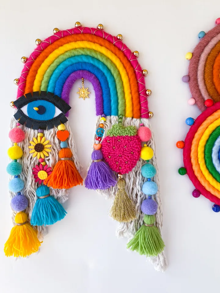 Macrame rainbow wall hanging, Evil eye and hamsa hand, Hippie room decor, Housewarming gift, Dorm room decoration