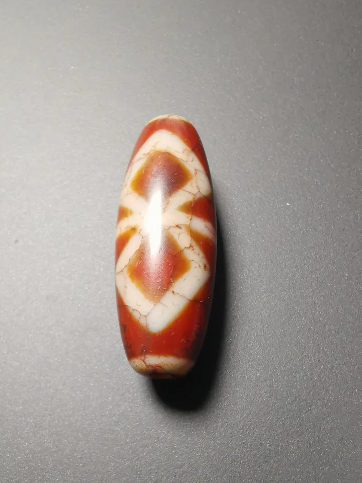 Gandhanra Ancient Tibetan Fire Agate Phum Dzi Bead with Dorje Vajra Pattern(1.58" * 0.55"), Protective Amulet for Vajrayana, zee Bead