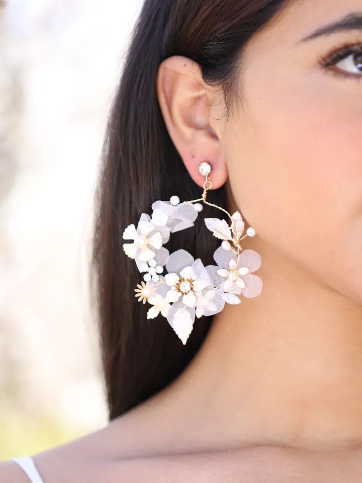 Hoop Flower Wedding Earrings, Floral Wedding Earrings, Floral Bridal Earrings, Boho Statement Wedding Earrings, Statement Bridal Earrings,
