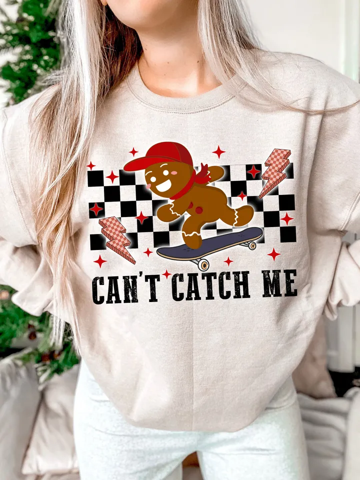 Boys Christmas PNG, Can't Catch Me design, Retro Funny Christmas Sublimation, Skateboarding gingerbread in cap, download
