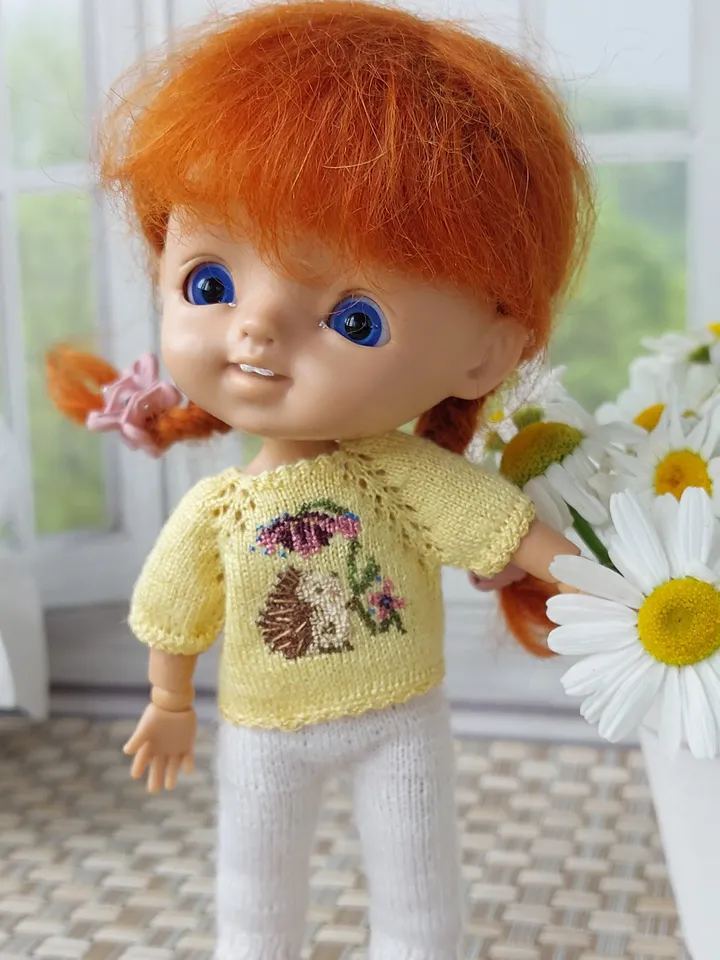 Miniature embroidered yellow sweater for mini doll 4 inches. Stodoll clothes.