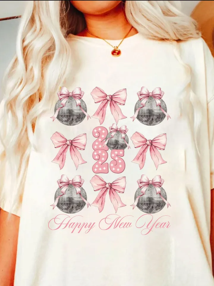 Happy New Year 2025 Png, Disco Ball New Year's PNG, Social Club Coquette Sublimation, Trending Disco Ball, Pink Bow New Year Sublimination