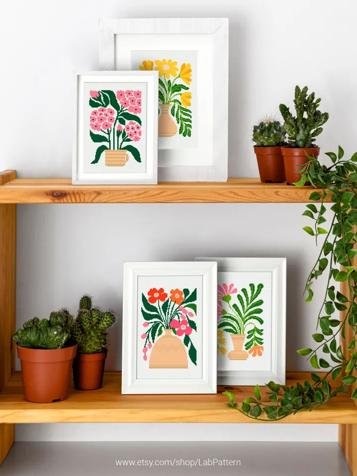 Bundle of 4 mini contemporary Flowers in pots Cross stitch patterns Abstract floral Plant beginner counted modern DIY embroidery instant PDF