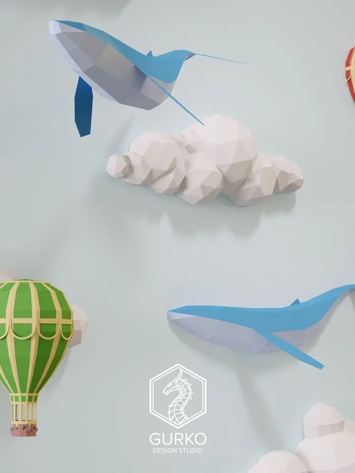 Papercraft Clouds With Whales And Hot Air Balloons, Digital Template, PDF Download, Gurko, 3D Low Poly, Pepakura, DIY Origami Sculpture