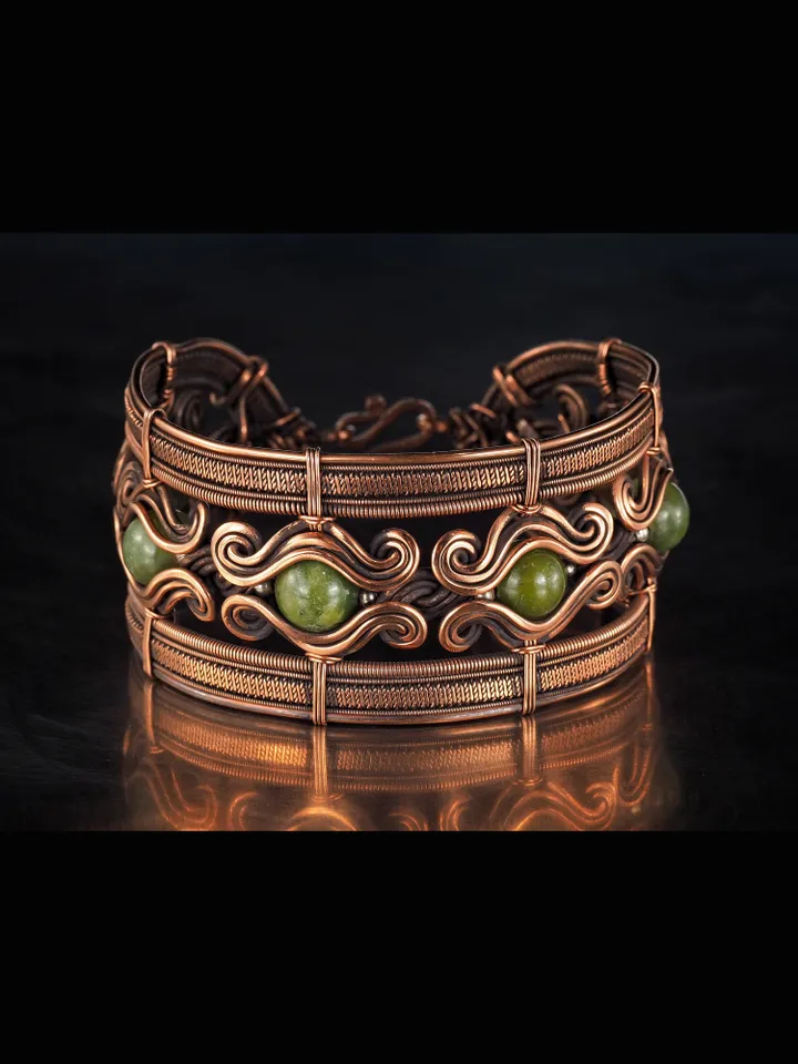 Copper wire wrapped jade bracelet 7th Anniversary gift