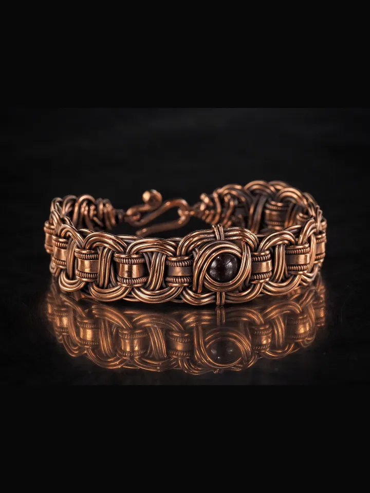 Copper wire wrapped garnet bracelet Unique bangle 7th Wedding Anniversary
