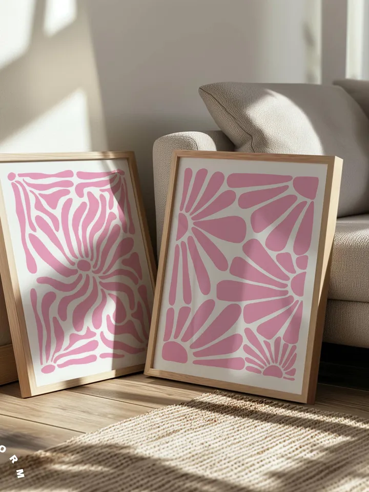 Soft Pink Wall Art Set of 2 Prints, Boho Flower Print, Pink Abstract Minimalist Organic, Pink Floral Wall Art, Wild Flower, Printable Art