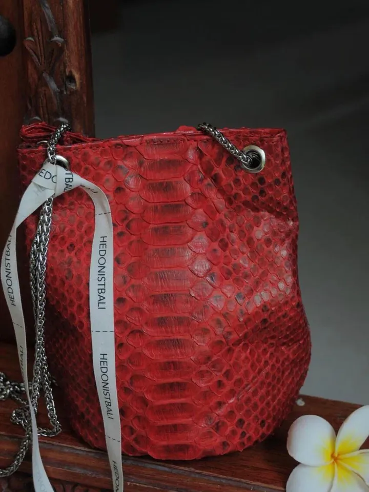 Genuine python skin bucket red chain bag / designer women purse / bright soft bag / exotic leather bags free shipping | gift for her