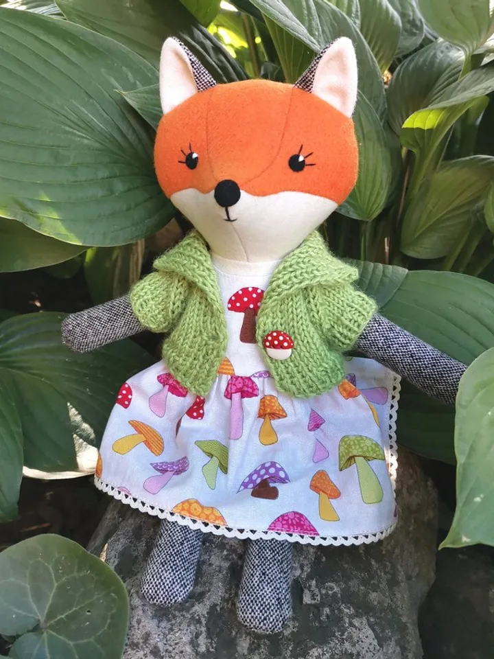 Orange fox girl, wool plush doll, handmade fabric fox toy