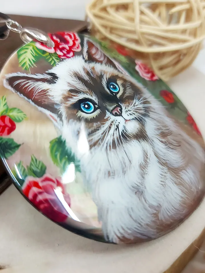 Mother-of-pearl Russian hand-painted necklace pendant "Cat in Flowers" Hand paint necklace pendant Cat pendant