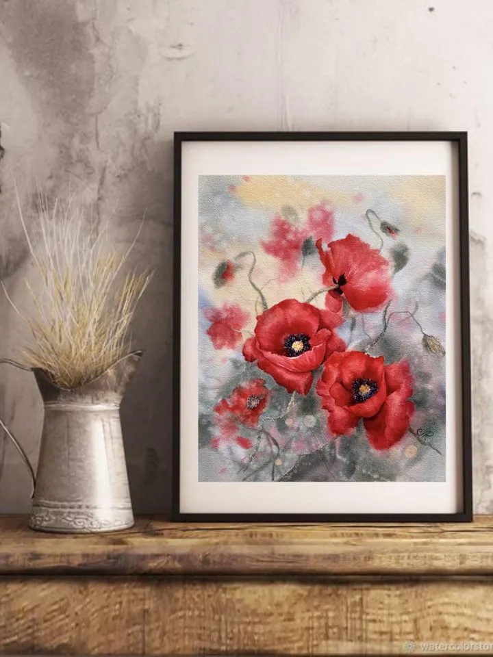 Poppies Original Painting Flowers Watercolor Painting Wildflowers Art Meadow Wall Art