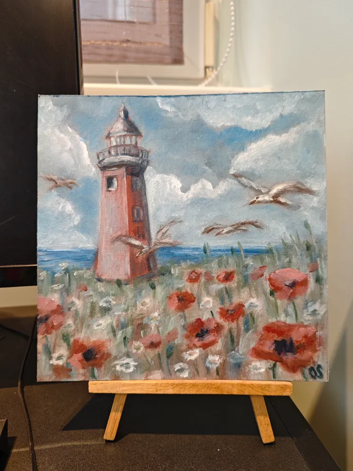 Lighthouse Landscape Original Painting Old Lighthouse Sea Coast Original Art Lighthouse Sea Modern Artwork Old Lighthouse Seascape Wall Decor 8x8 inches by OlgaSokolovaArt