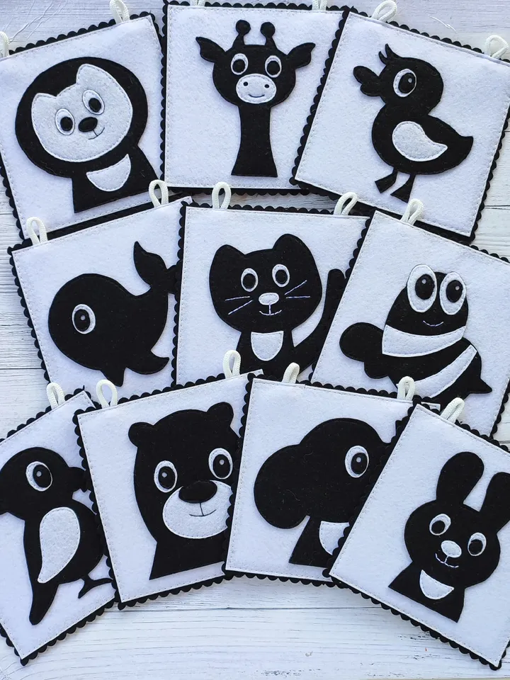 High Contrast quiet book pattern , Infant Stimulation Contrasting Pattern, Black and white felt cards for baby svg, Montessori newborn pdf