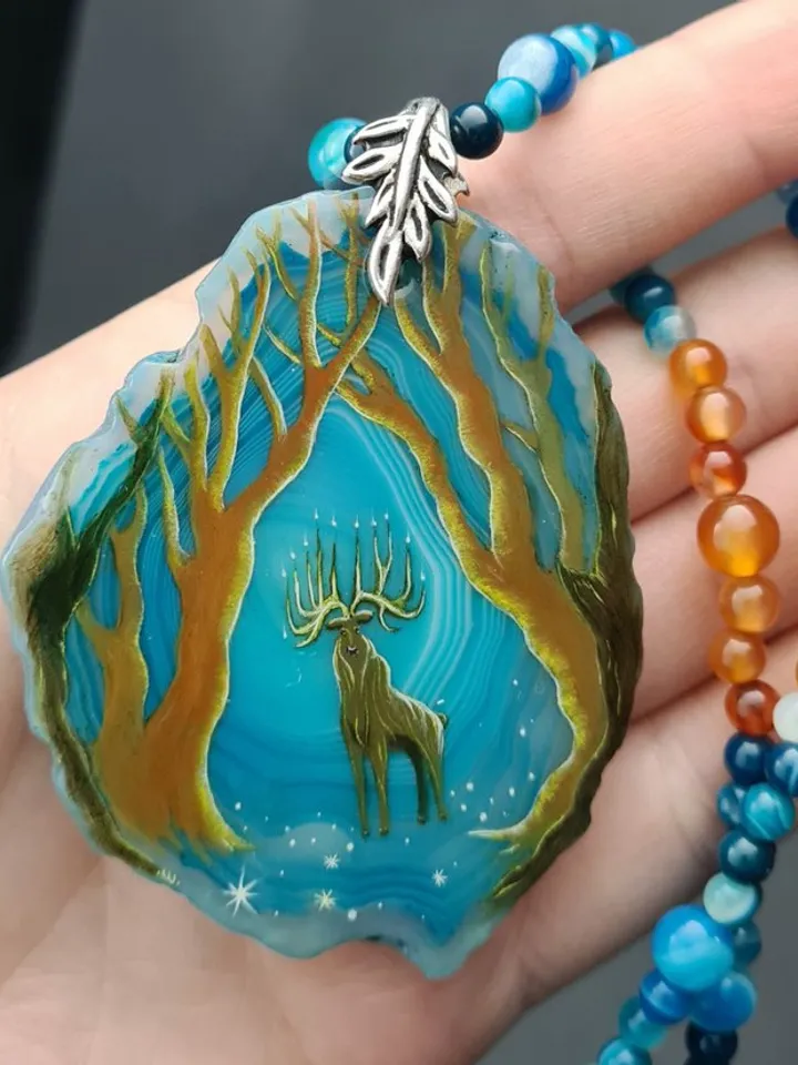 Deer necklace Agate necklace Real oil painting of deer Lacquer miniature