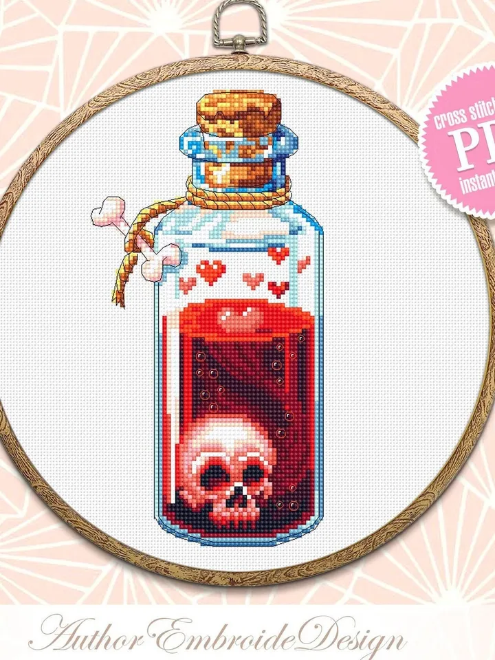 Witch bottle cross stitch pattern download PDF Gothic cross stitch chart, Magic potion bottle, Skull embroidery PDF, Gothic halloween #H55