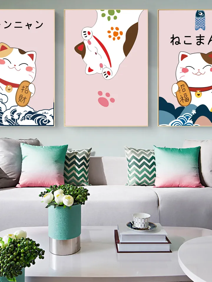 Japanese Style Poster Lucky Cat Printable Wall Art Cute Animal Art Print Modern Cartoon Wall Art Picture for living room Digital Home Decor