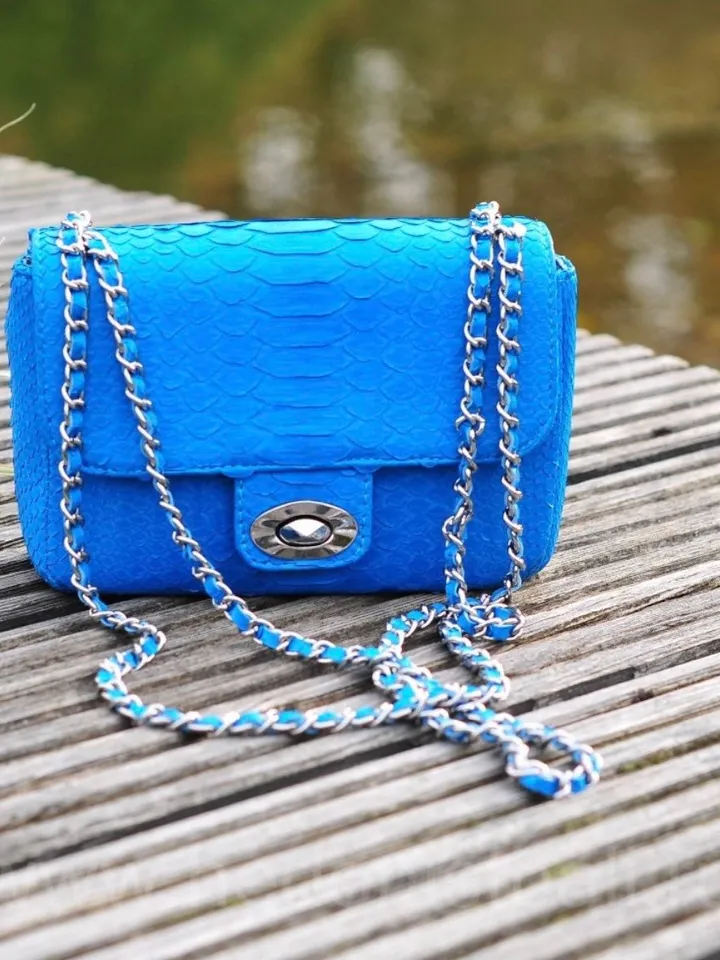Genuine Python Skin Turquise Crossbody Bag | Adjustable Chain Classy Elegant snake Crossbody Small Lady Summer Bag | Blue Aqua Python Purse