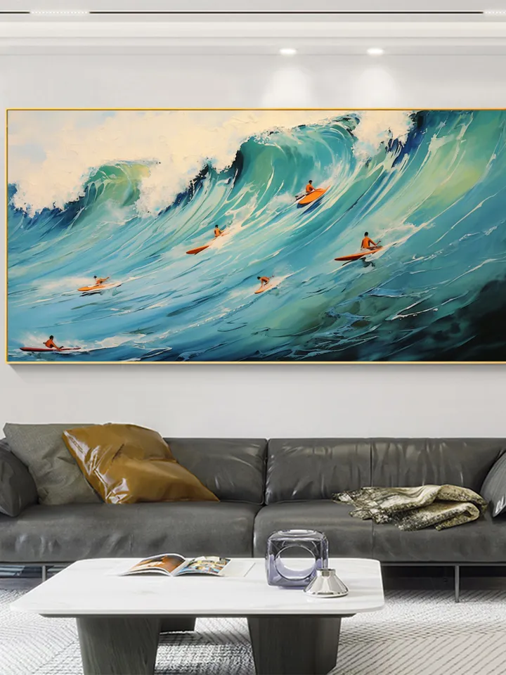 Original Surf Painting on Canvas, Custom Painting, Large Wall Art Personalized Gift, Blue Ocean Waves Nature Scenery Art, Bedroom Wall Decor