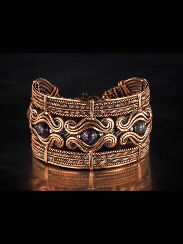 Copper wire wrapped bracelet with amethyst for lady Antique style WireWrapArt